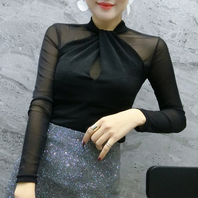 Mesh Long Sleeve Solid Women Blouse Tops Chemisier Femme Casual Slim Fit O-Neck Shirt Clothes Autumn 7300 50 210506