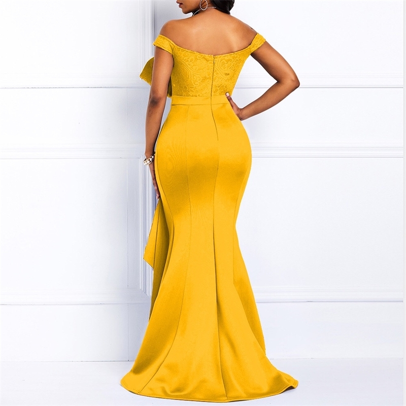 Yellow Off Shoulder Mermaid Beading Maxi Dress For Women, Sexy Prom Evening Wedding Party Or Length, Polyester, Short Sleeve,