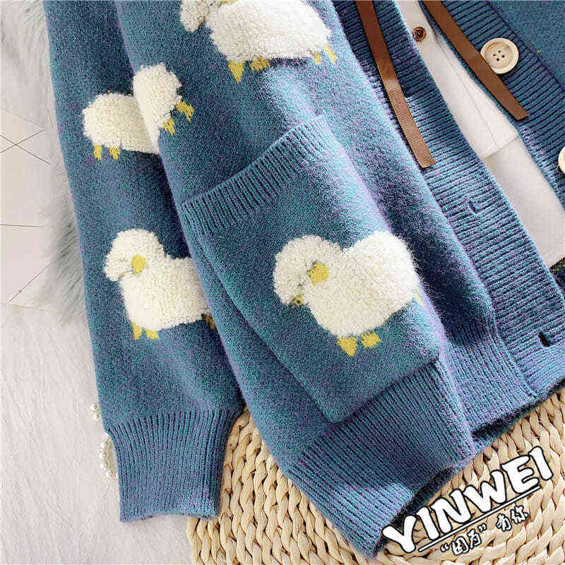 Autumn Winter Plus Size 3xl Cute Cartoon Print Knitted Cardigan Casual Big Pocket Single-breasted Sweaters Korean Loose Sweater 211117