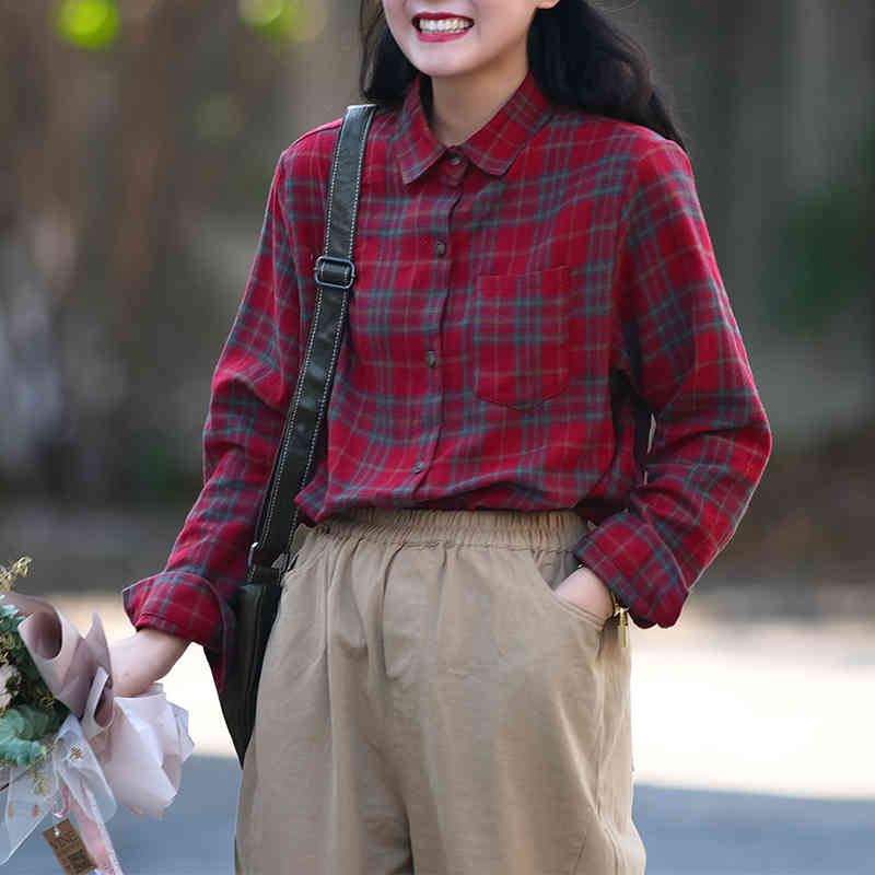 Johnature Women Cotton Plaid Shirts Vintage Spring Long Sleeve Blouses Turn-down Collar Pocket Female Tops 210521, Red
Johnature Women Cotton Plaid Shirts Vintage Spring Long Sleeve Blouses Turn-down Collar Pocket Female Tops 210521, Red