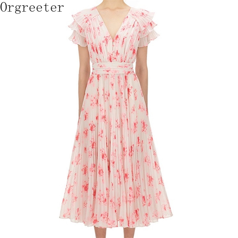 Arrival Double V-neck Petal Sleeve Mid Dress Women Pleated High waist Floral Printted Chiffon 210602, Picture color
Arrival Double V-neck Petal Sleeve Mid Dress Women Pleated High waist Floral Printted Chiffon 210602, Picture color