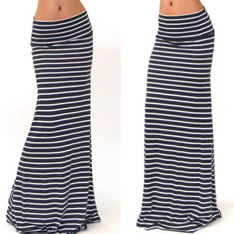 Fashion Women Summer Long Skirt Striped Wave Charming Elastic High Waist Boho Printing Saia Falda Female Maxi 210621