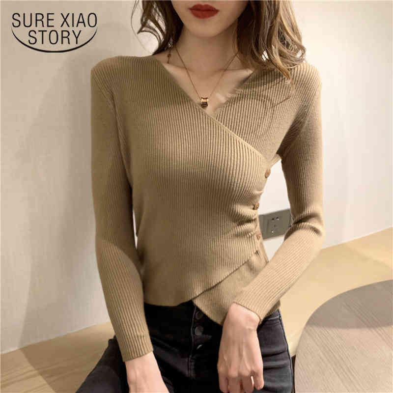Autumn Women Cross V-neck Full Sleeve Pullovers Sweaters Girls Knitted Knitwear Side Buttons Sweater Crop Tops For Female 11784 210415