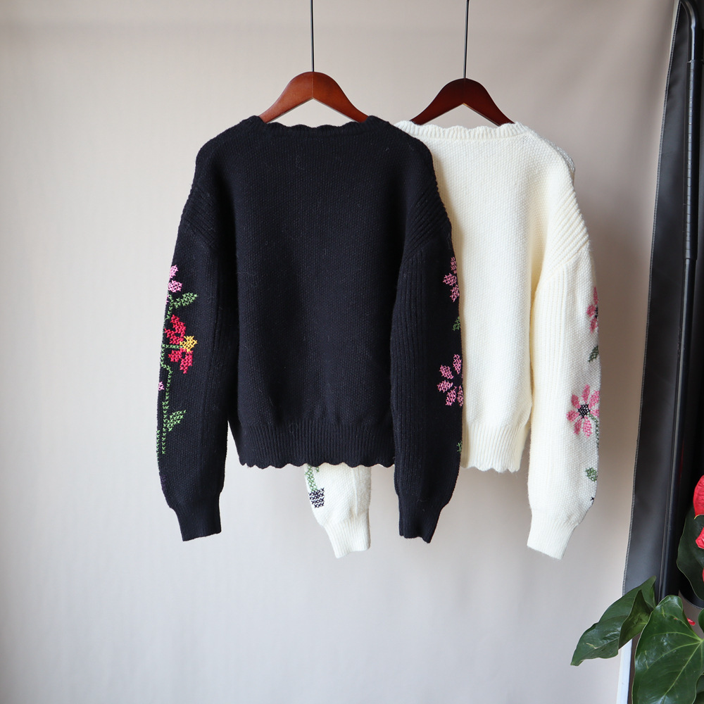 Nomikuma Pull Femme Floral Embroidery Long Sleeve O-neck Sweater Coat Autumn Winter Knitted Short Women Cardigans 6C299 210427