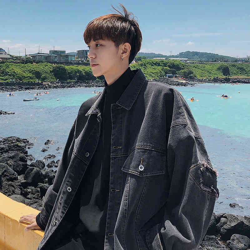 IEFB /men's wear spring Arrival Long Sleeve Loose Denim Jacket Causal Single Breasted streetwaer oversize coat HD523 210524