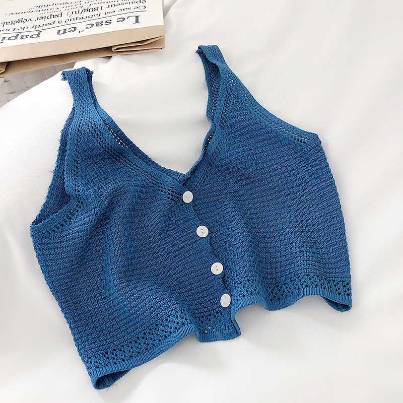 LY VAREY LIN Summer Japanese Style Casual V-neck Single Breasted Sleeveless Knitted Crop Tops Women Strap Tank 210526