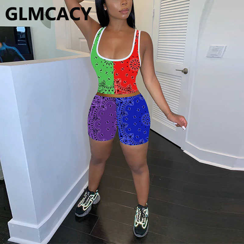 Two Pieces Sets Women Printed Sleeveless Top & Bodycon Shorts 210702