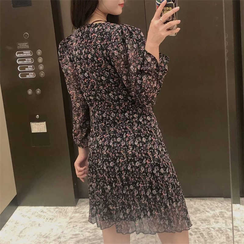 Elegant Women Floral Print Dresses Fashion Ladies Chiffon Pleated Mini Dress Streetwear Female Chic V-Neck Draped Vestidos 210527