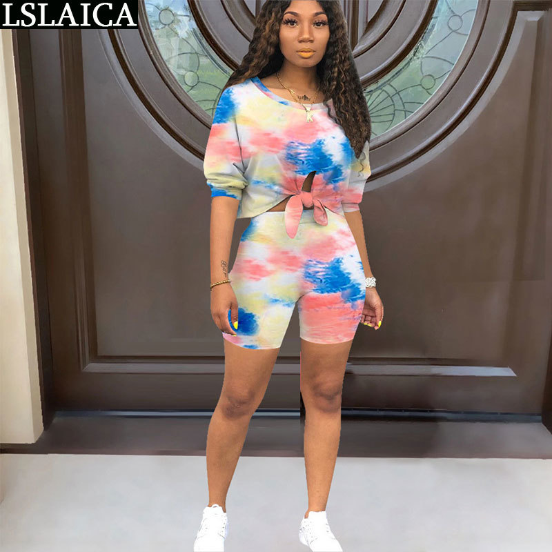Two Piece Outfits Round Neck Top Short Pant Tie Dye Set Causal Criss-Cross Plus Size Homewear Tracksuit Ensemble Femme 2 Pieces 210520