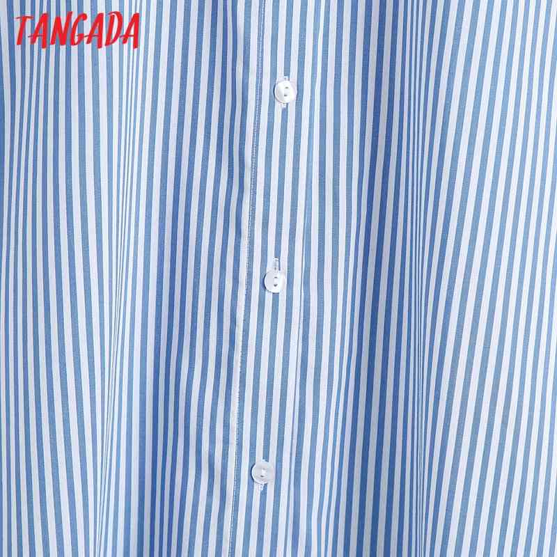 Women Blue Striped Shirts Long Sleeve Turn Down Collar Elegant Female Casual Wear Blouses 6Z71 210416