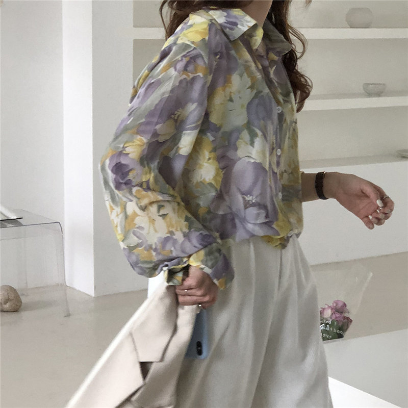 Chic Fashion Florals Printed Fresh Sunscreen Korean Loose Long Sleeve OL Basic Blouses All Match Leisure Shirts 210421
