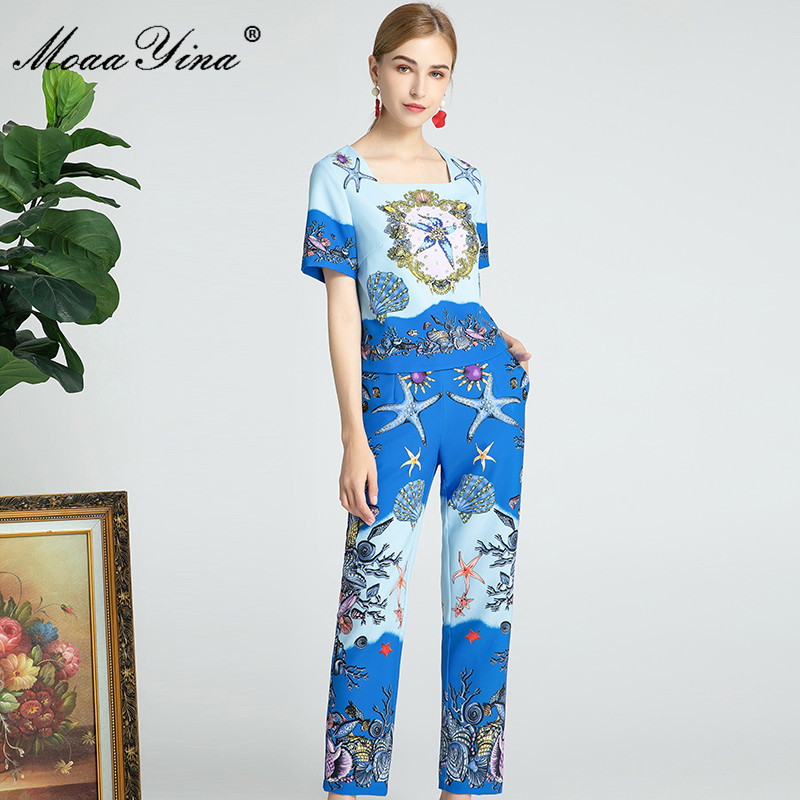 Fashion Set Summer Women's Square Collar Short sleeve Beaded Conch Shell Starfish Tops+Trousers Two-piece set 210524