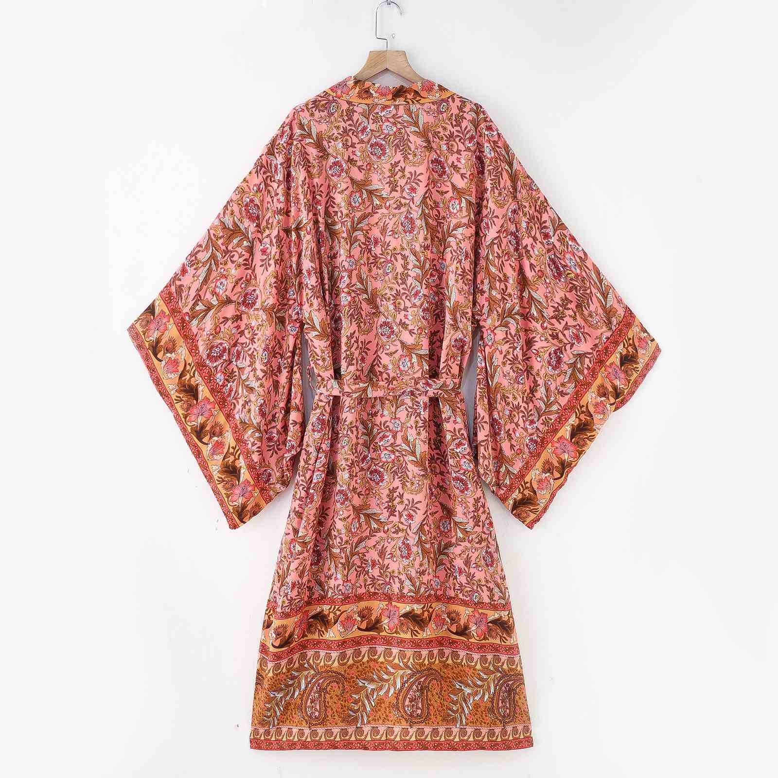 Autumn BOHO Location Floral Print Long Kimono Shirt Pink Hippie Women Tie Bow Sashes Cardigan Loose Blouse Tops Holiday 210429