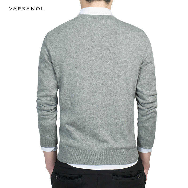 Varsanol Mens Cotton Sweater Pullovers Men O-Neck Sweaters Jumper Autumn Thin male Solid Knitting Clothing Grey Black M-3XL 210601
