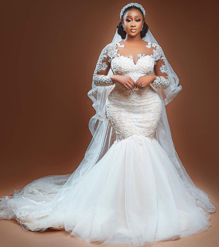 2022 Plus Size Arabic Aso Ebi Mermaid Lace Sexy Wedding Dress Long Sleeves Tulle Vintage Bridal Gowns Dresses ZJ523