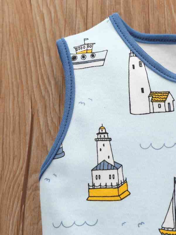 Baby Lighthouse And Boat Print Contrast Binding Romper SHE