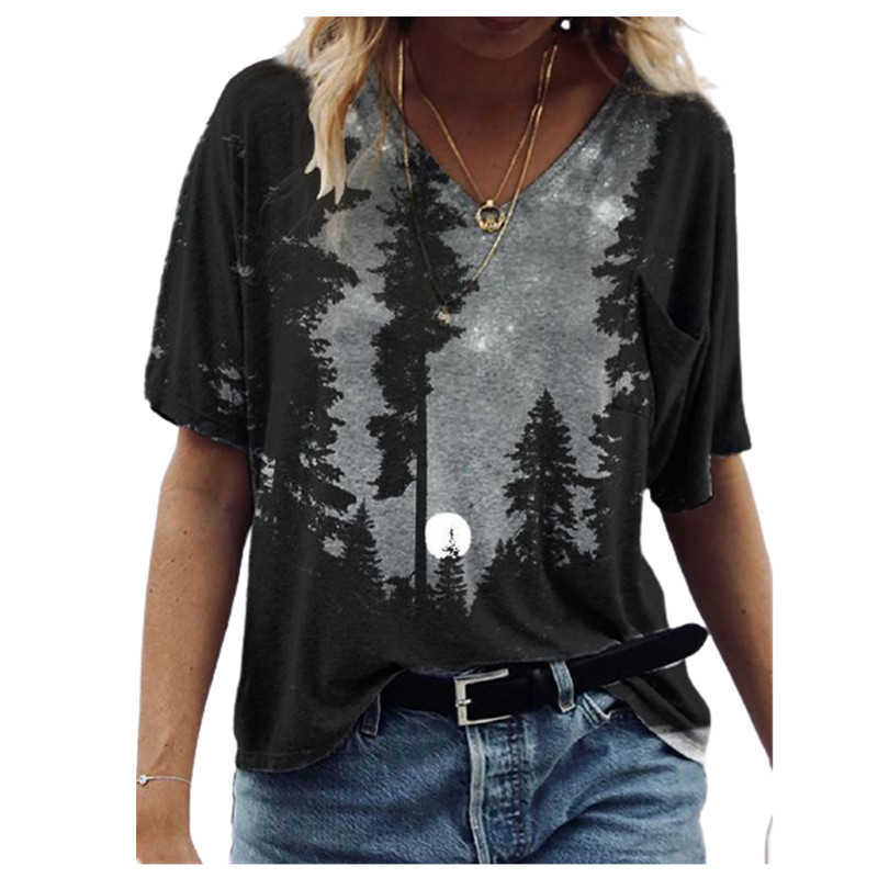 Oversize Women T Shirt Summer Casual Landscape Print Streetwear V-Neck Short Sleeve Pockets Loose Tee Tops Plus Size Ladies Tees 210526
