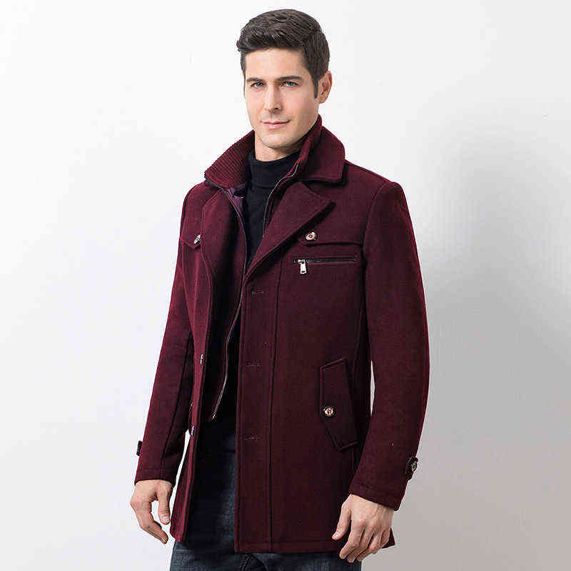 Winter Men's Casual Wool Trench Coat Fashion Business Medium Solid Thicken Slim Windbreaker Overcoat Jacket Male Plus Size 5XL 211119
