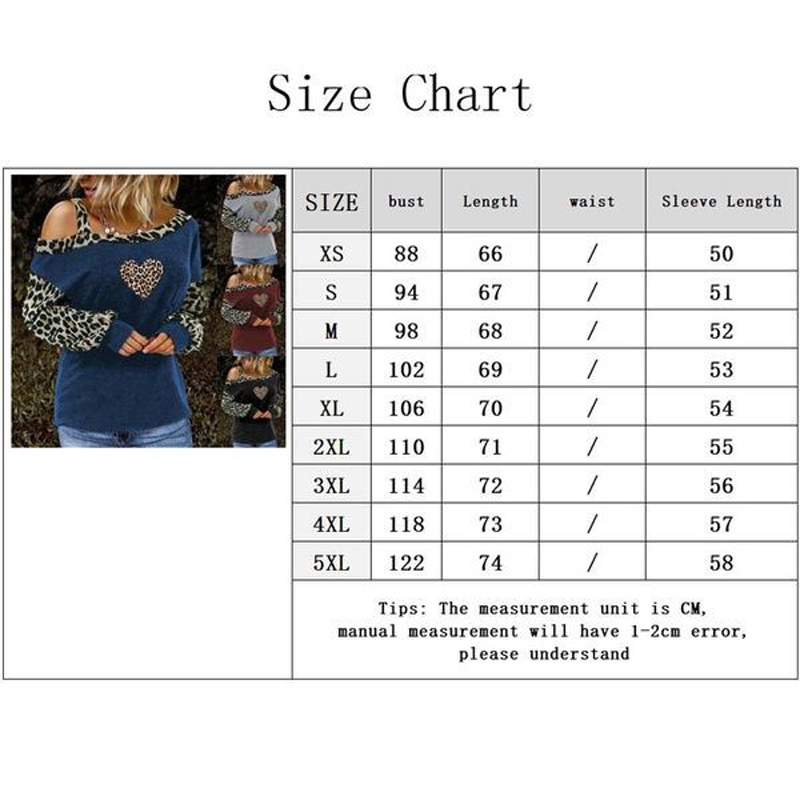 Women's Clothing T-shirts Leopard Valentine's Day Slanted Shoulder Leopard Print Love Long Sleeve T-shirts Top Pullover 210515