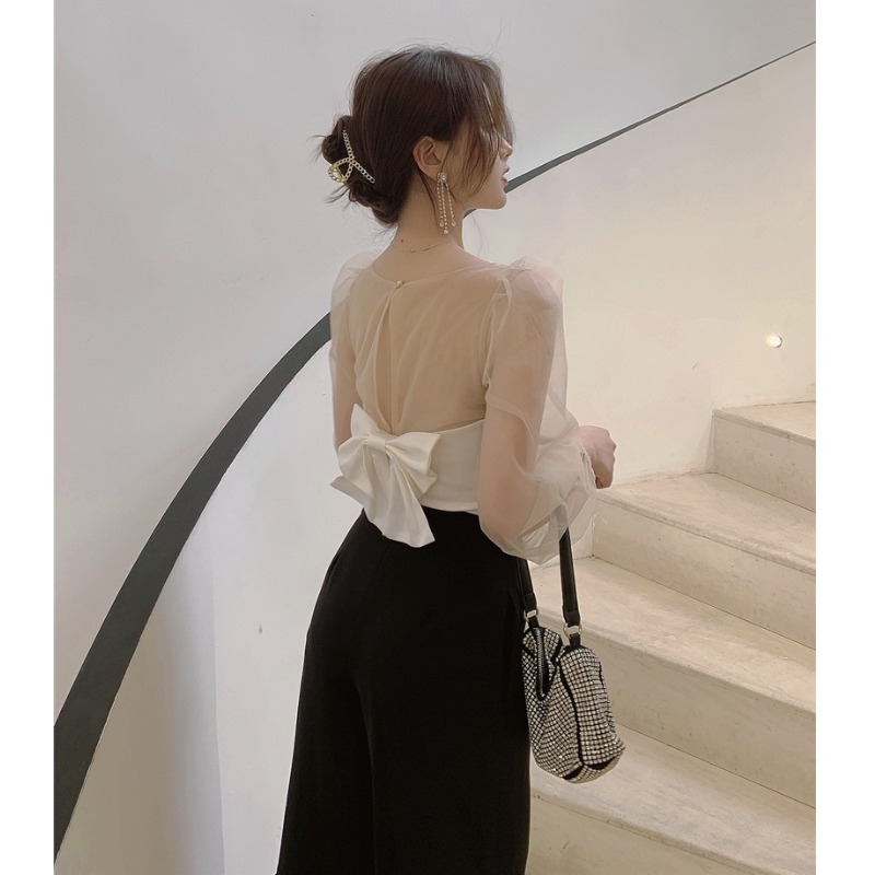 Nomikuma Sexy Slim Short Women Blouse Back Bowknot Hollow-out Blusas Femme New Perspective Mesh Patchwork Shirt 6C429 210427