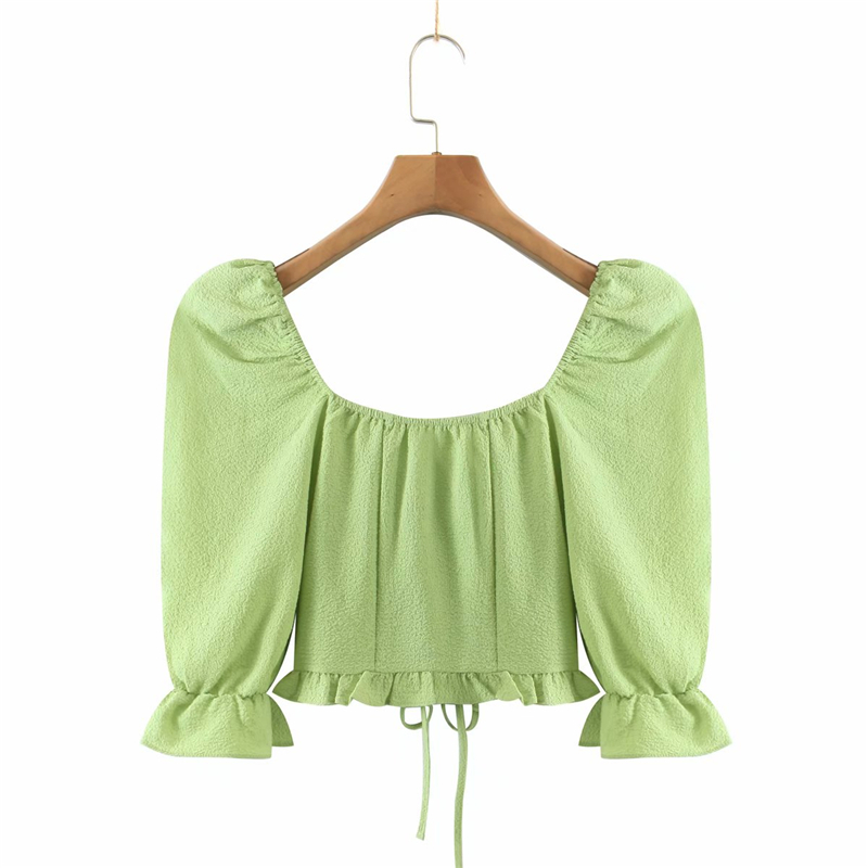 Elegant Women Square Collar Shirts Fashion Ladies Ruffles Drawstring Short Tops Sweet Female Chic Puff Sleeve Blouses 210430