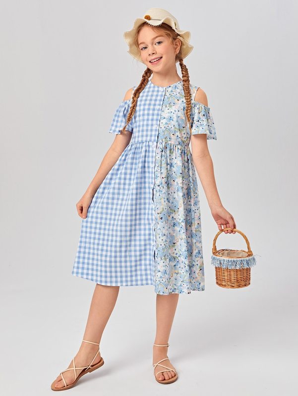 Girls Floral Gingham Cold Shoulder Dress SHE