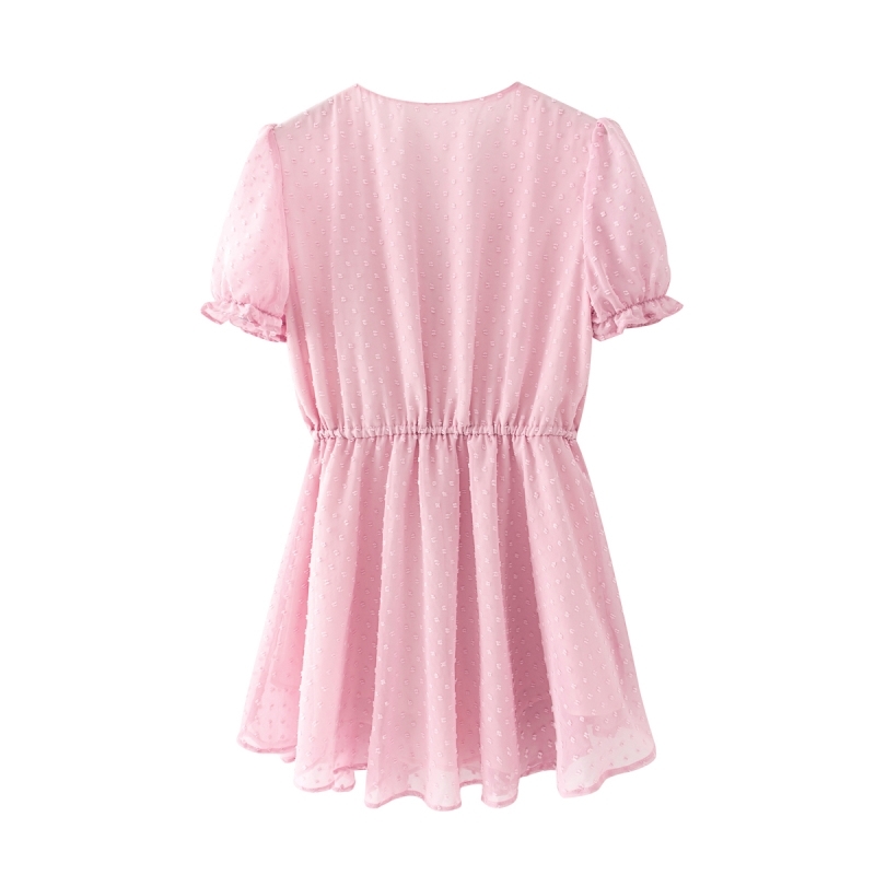 vintage women pink flocking dress summer fashion ladies elegant boho es party female sweet cute girls chic 210430