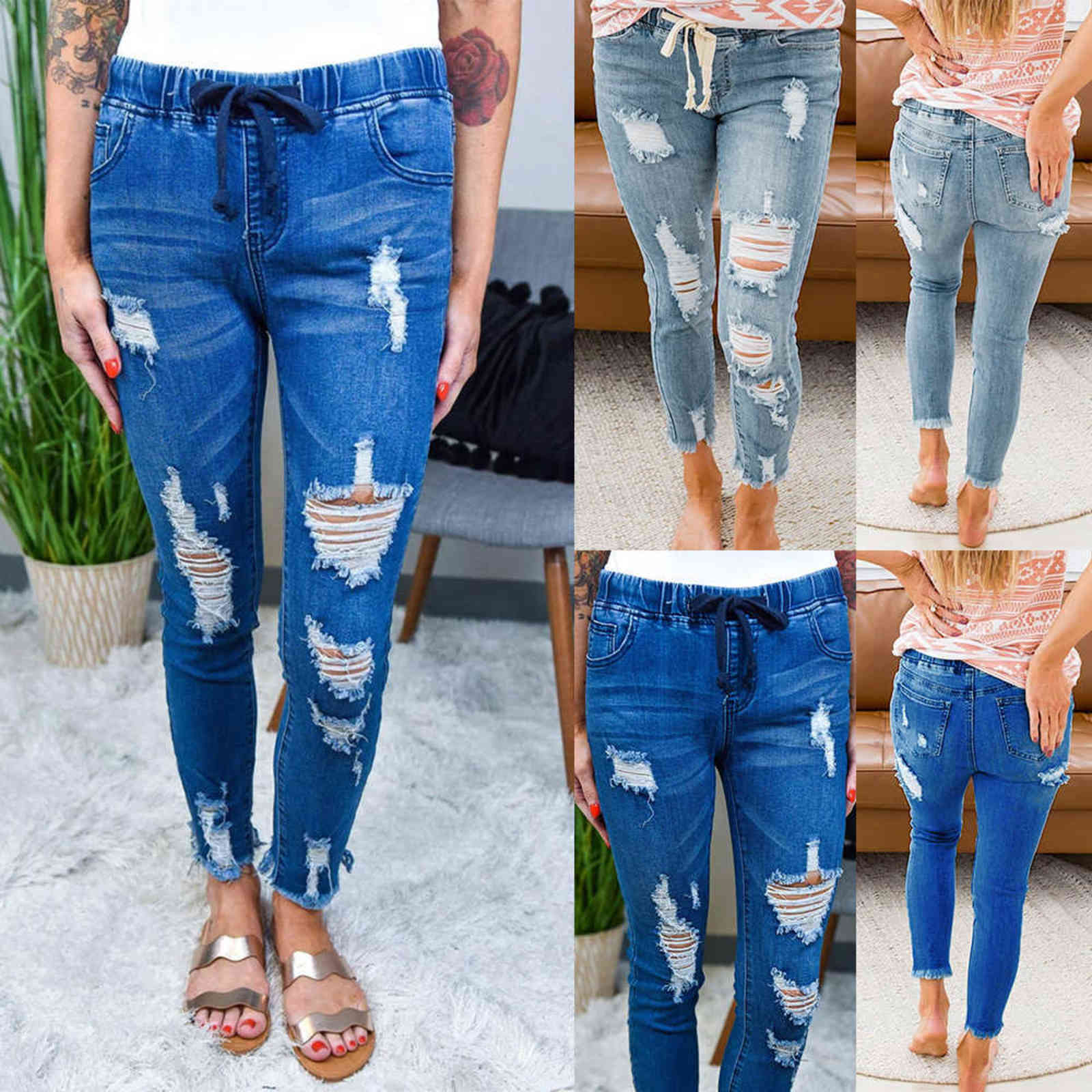 Lace-Up Ladies Pencil Pants Fashion Slim Women Ripped Skinny Jeans Denim Trousers Leggings Blue D30 211129