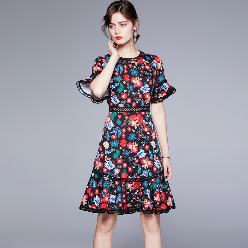 elegant floral printed patchwork hollow out high waist flare short sleeve o-neck summermermaid knee length dresses women 210421