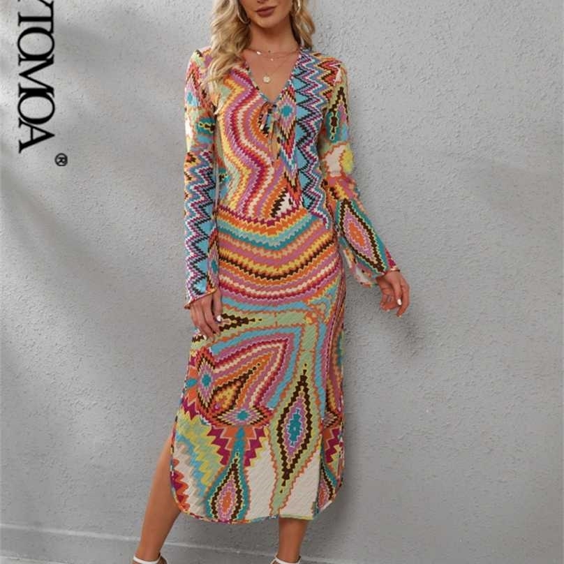 KPYTOMOA Women Chic Fashion With Drawstring Printed Midi Dress Vintage Long Sleeve Side Vents Female Dresses Vestidos Mujer 211206