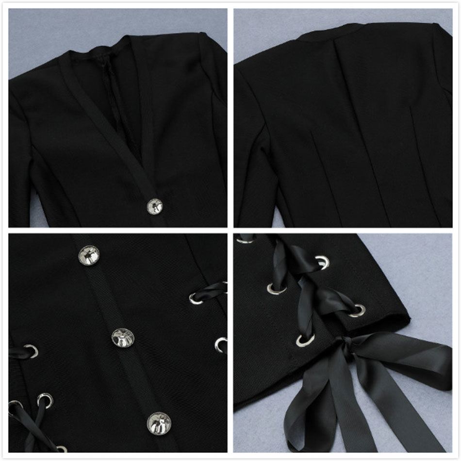 Free Women Black Lace-Up Bandage Dress Sexy V-neck Long Sleeve Bodycon Button Celebrity Club Party 210524