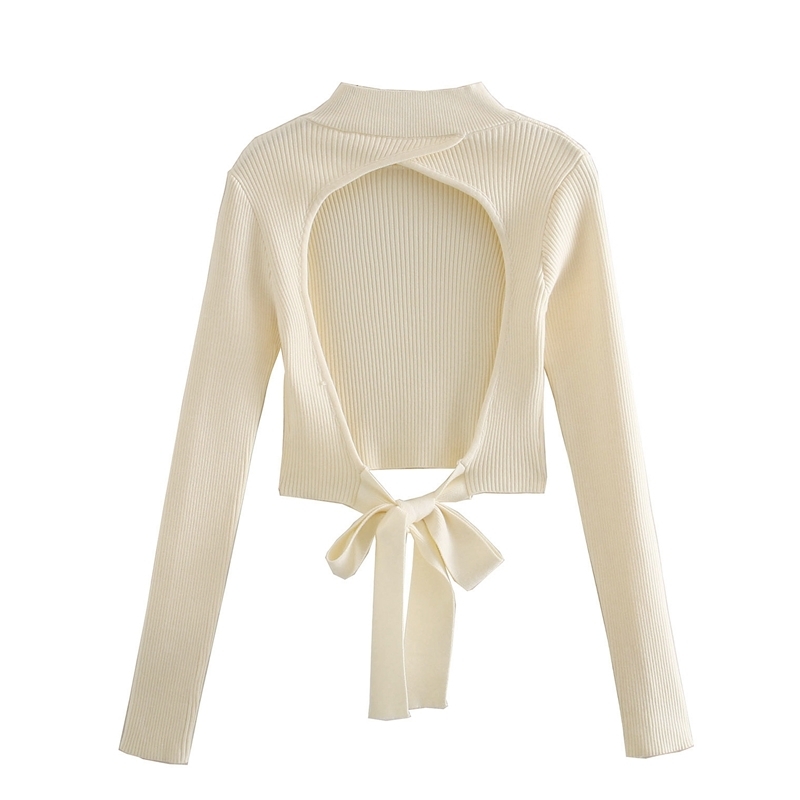 Elegant Women Turtleneck Sweaters Fashion Ladies Beige Knitted Tops Streetwear Female Chic Backless Bow Pullovers 210430