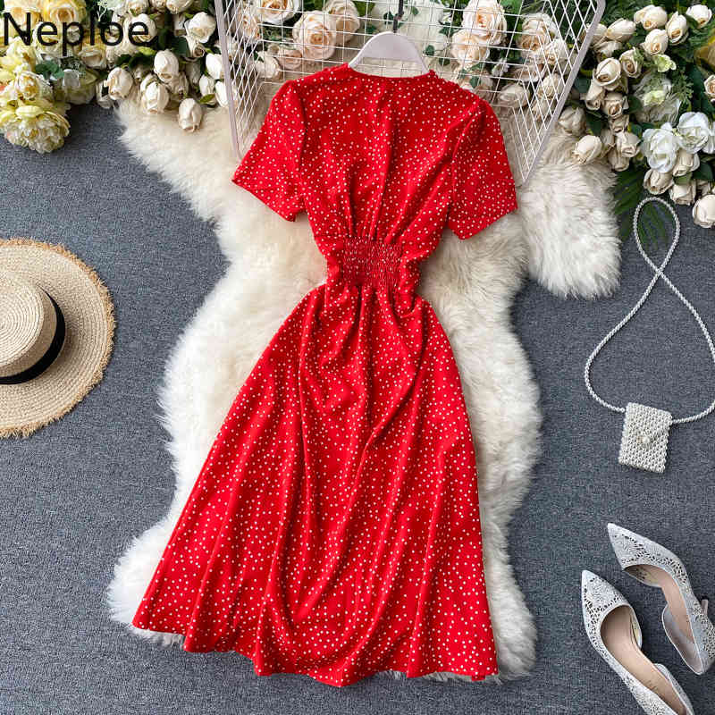 Polka Dot Dress Women French V Neck Short Sleeve Ladies Vestidos Summer Elegant Slim Waist Female Dresses 1D621 210422Z