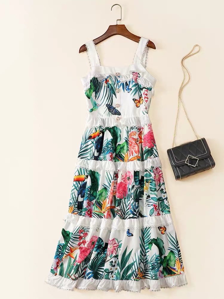 summer dress flower lace ruffles spaghetti strap midi beach party birthday green dreess women robe 210421