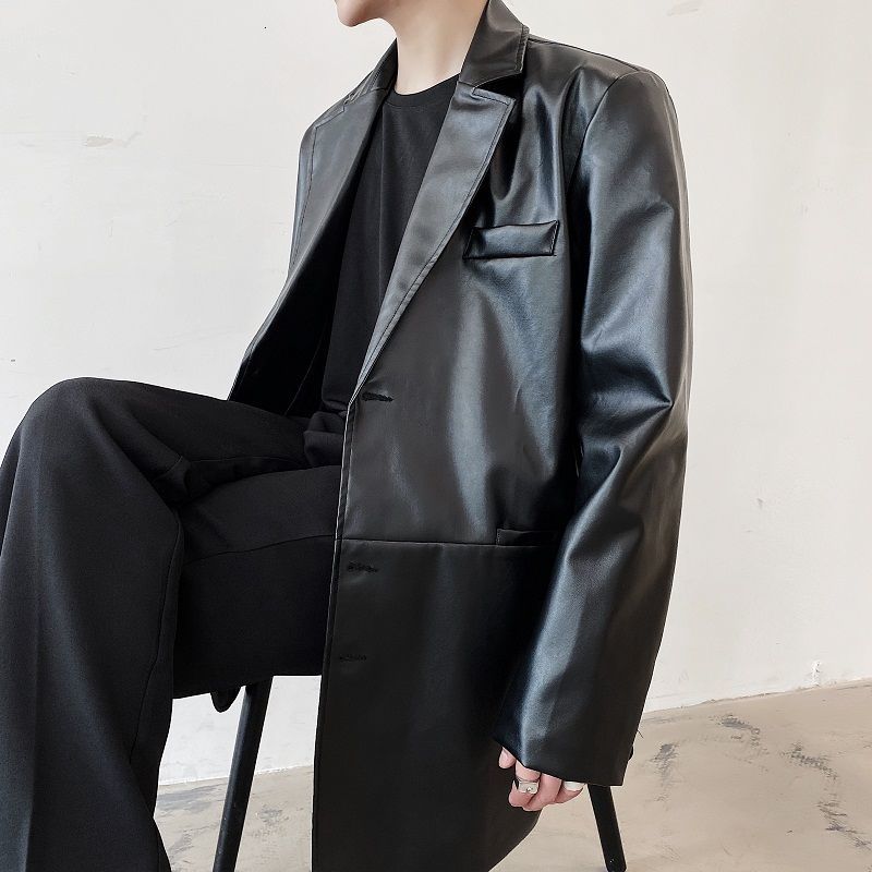 IEFB /men's Wear Spring Autumn PU Leather Notched Collar Blazers Male Loose All-match Single Breasted Suit Coat 9Y3988 210524