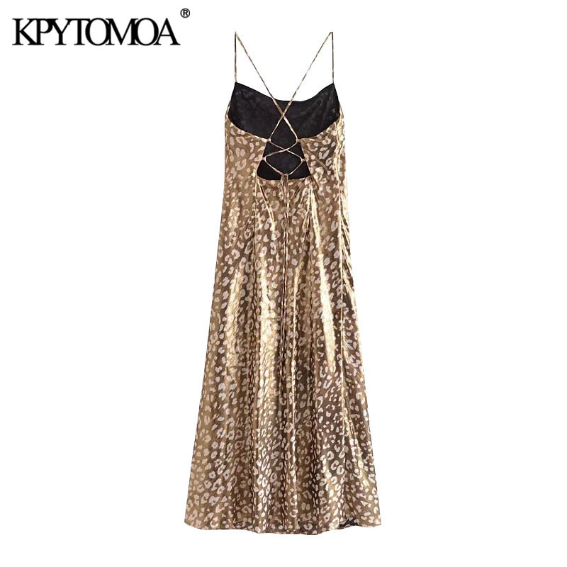 Women Chic Fashion Leopard Print Soft Touch Midi Camisole Dress Backless Thin Straps Female Dresses Mujer 210420