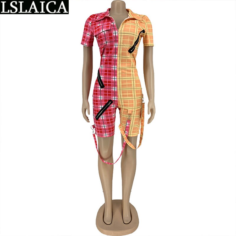 Casual Jumpsuits Plaid Printing Color Matching Clothes for Women Patchwork Slim Zipper Fashion Arrival Cortos De Mujer 210520