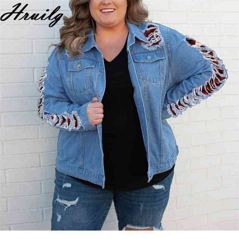 Jacket Women Fashion Hole Plus Size Patchwork Jean for Button Casual Loose Cazadora Vaquera Mujer 210515