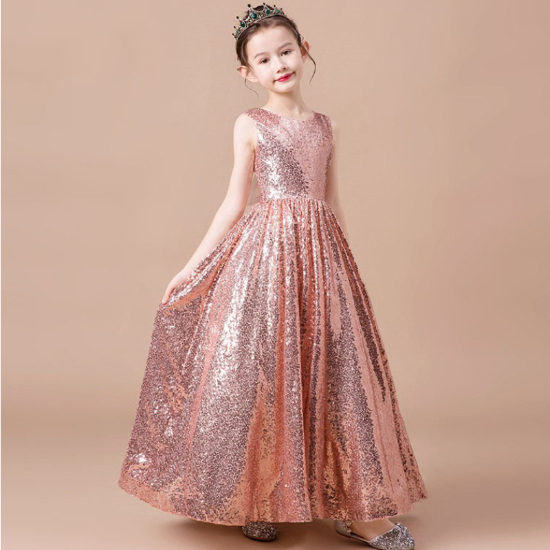 New Arrival Sparkly Sequined Ball Gown Flower Girl Dresses Cute Pink Sequined Long Birthday Party Gown Cheap Girl Foiormal Pageant Dresses