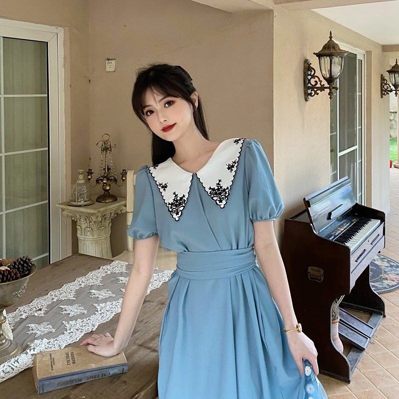 vintage plus size 4XL peter pan collar high waist puff sleeve dress women summer embroidery floral A-line big 210421