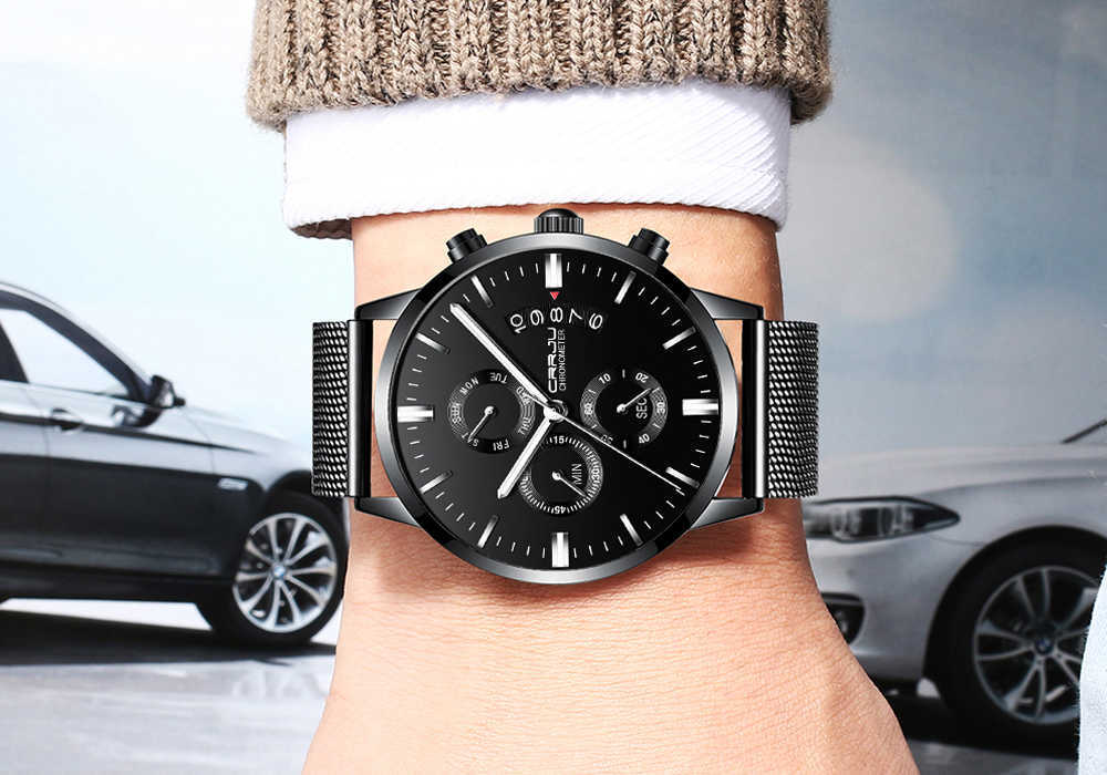 Crrju New Men's Calander Waterproof Sport Wristwatch With Milan Strap Army Chronograph Quartz Heavy Watches Fashion Male Clock Y19051403