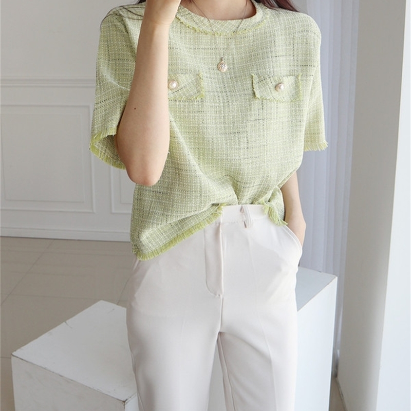 Fashion Women Thin Tweed Short Sleeve T-shirt Korea Summer Vintage Elegant Pullover Casual Top 210519