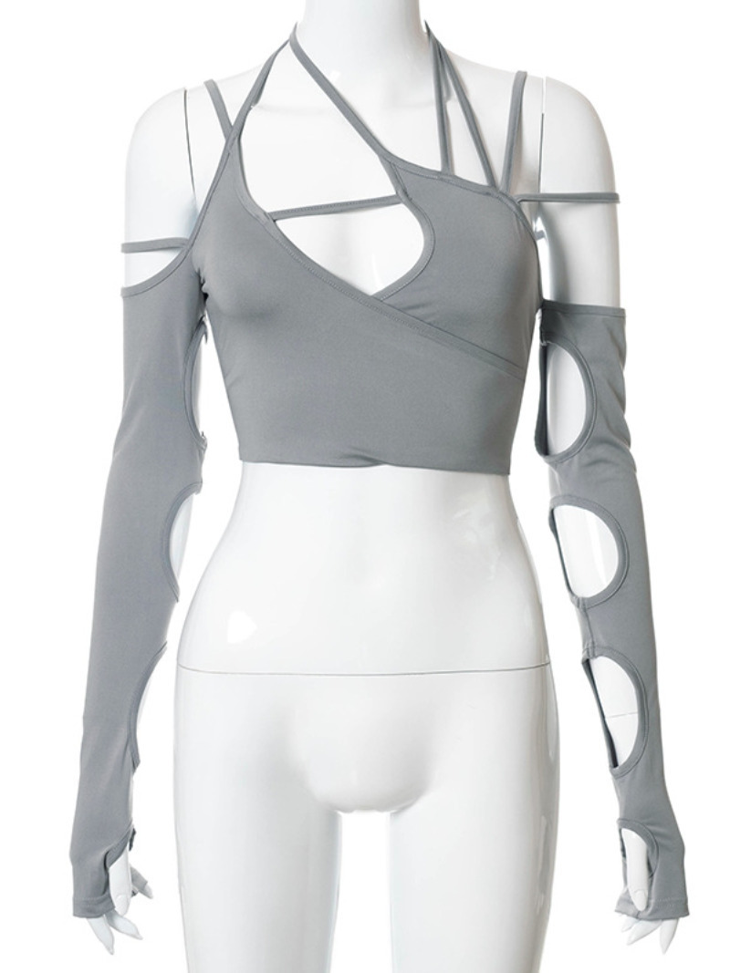 T Shirt Women Y2k Punk Women's Halter Tops Gothic Grey Girl Patchwork Long Sleeve Crop Summer Sexy Cut Out Solid T-shirts 220314