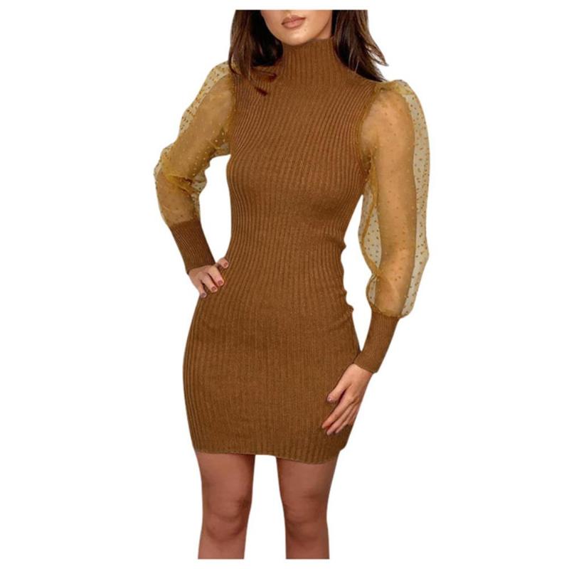 Sexy Puff Long Sleeve Mesh Knitted Dress Women Autumn O Neck Patchwork Lace Party Polka Dot Print Ladies Dresses Vestidos Casual