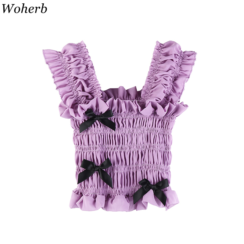 Summer Tops Solid Square Neck Short Fashion Blusas Mujer Tank Top Sweet Bow Patch Vinatge Girls Blouses Women 210519