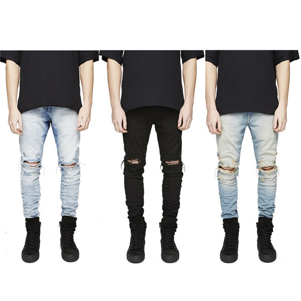 Slim Fit Ripped Jeans Men Hi-Street Mens Distressed Knee Holes Washed Destroyed Plus Size