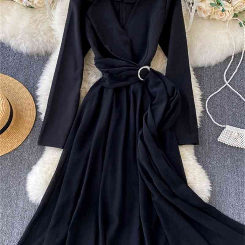 LoveFlowerLife Autumn Winter Vintage V Neck Long Sleeve High Waist Dress Solid Elegant Fashion Women Party Dresses 210521