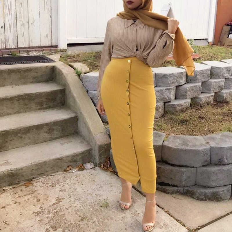 Colysmo Winter long Skirts Womens High Waist Bodycon Sexy Casual Retro Button Front Slit Midi Pencil Falda 210527