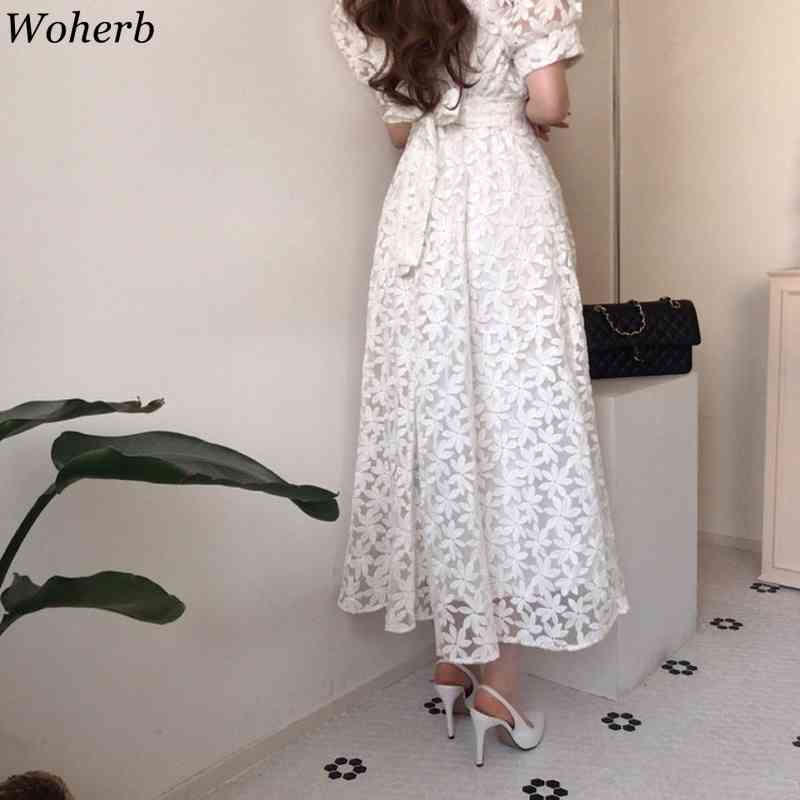 Women Long Robe Spring Summer Elegant Lace Floral Dresses Patchwork Korean Chic Ladies Party Vestido 210519