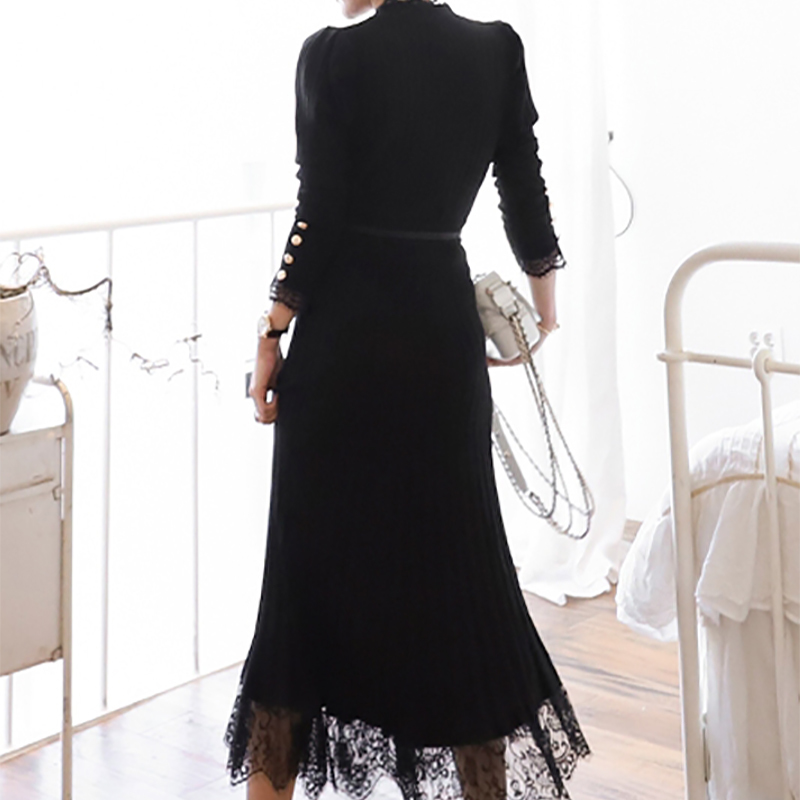 Autumn and winter 2PCS Set Women Knitted Long Sleeves Splicing Lace Single Breasted Sweater top + skirt two piece 210506